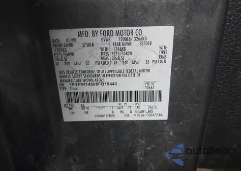 2008 Ford F-150 60Th Anniversary/Fx4/King Ranch/Lariat/Limited/Xlt from USA, damaged, VIN 1FTPW14508FB19443